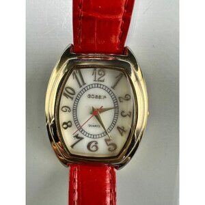 Gossip Watch Women Gold Tone Barrel Case Red Leather Band New Battery 9"